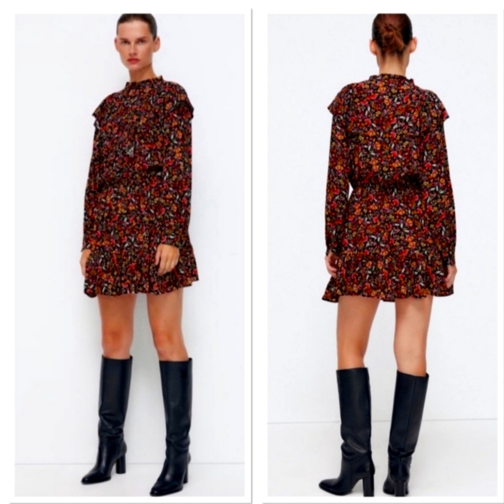 NWOT Zara Floral Print Ruffled Dress. Long Sleeves size Large